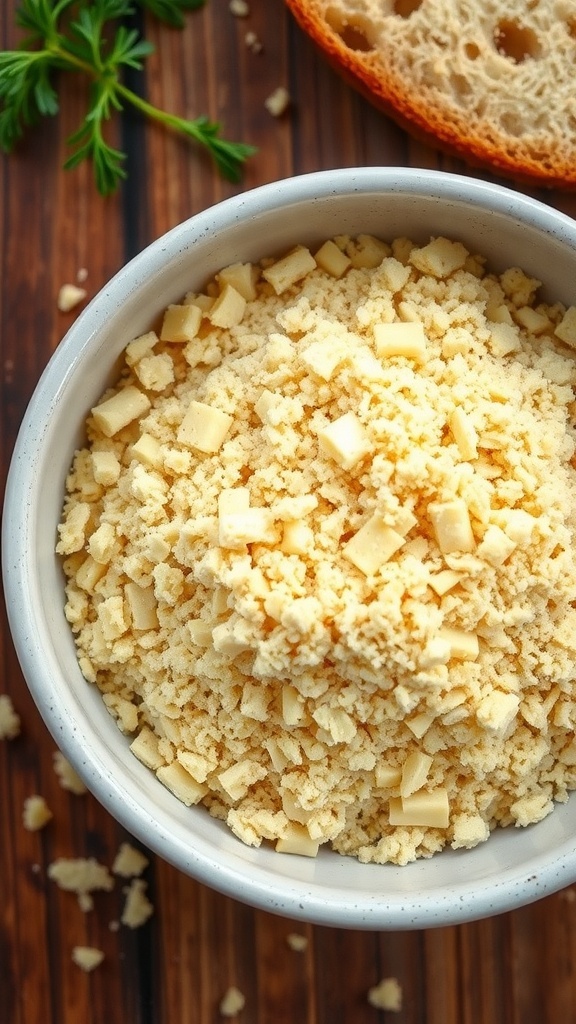 A bowl of golden homemade bread crumbs with slices of bread and herbs on a wooden table.